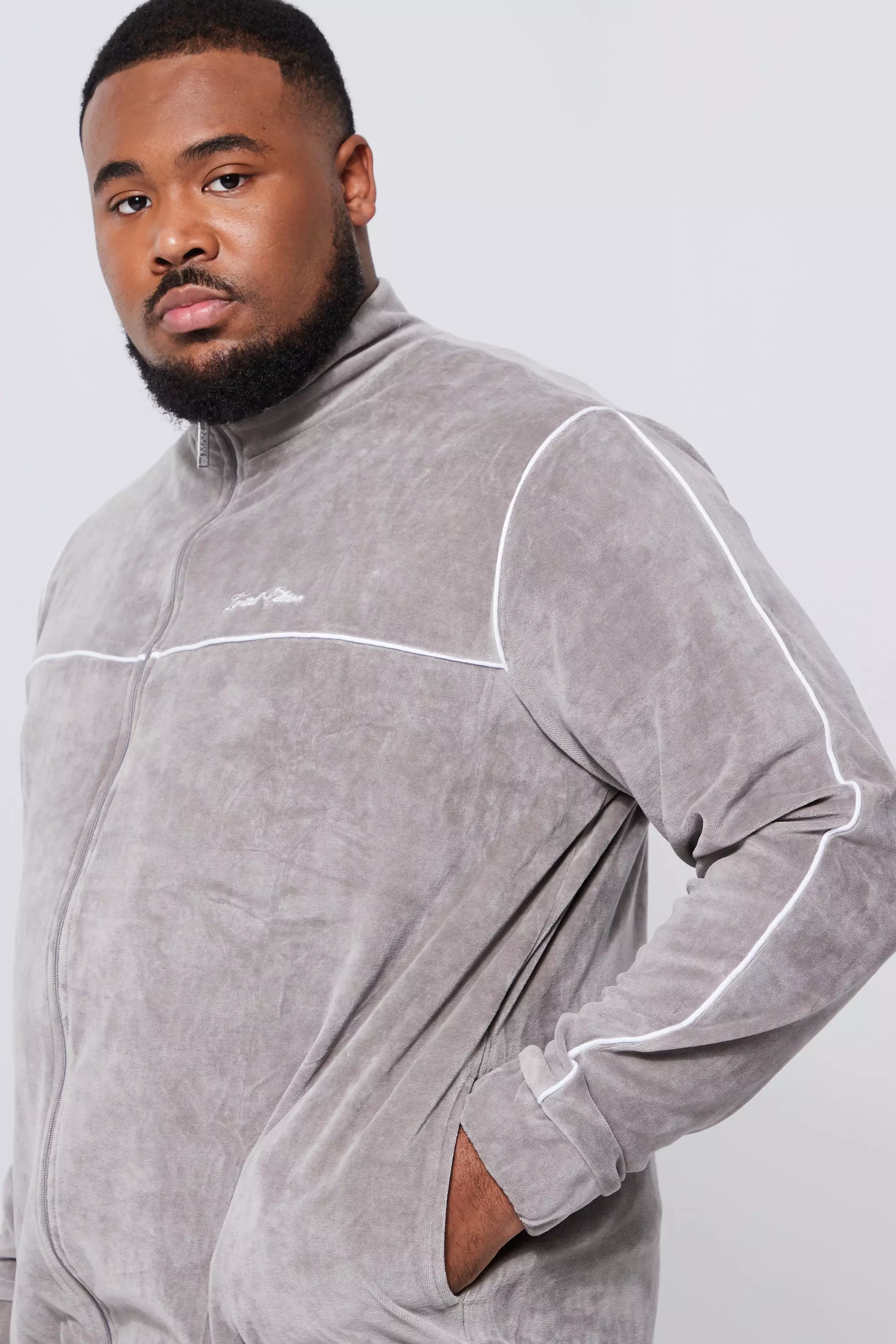 Plus Funnel Neck Zip Through Velour Tracksuit boohooMAN